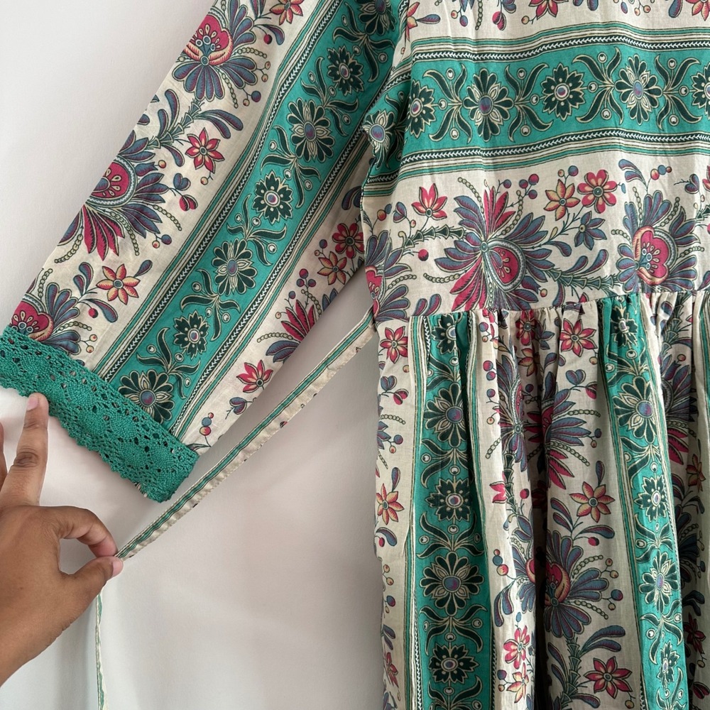 April Cornell Green Pink Floral Cotton Maxi Dress Crochet Trim Boho Womens M NWT - Picture 3 of 7